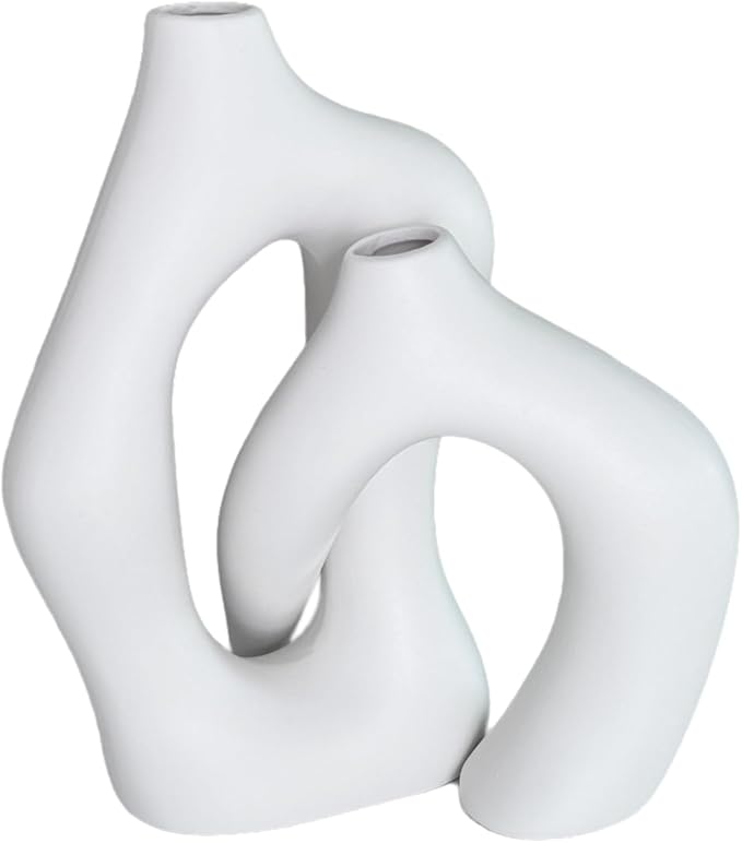 White Ceramic Vase Set of 2 for Modern Nordic Vases Irregular Artistic Vase Minimalism Style Flower Vases for Living Room Office Bedroom Wedding Table Centerpiece Entryway (2PCS)