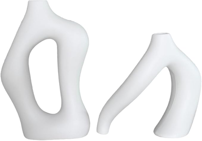 White Ceramic Vase Set of 2 for Modern Nordic Vases Irregular Artistic Vase Minimalism Style Flower Vases for Living Room Office Bedroom Wedding Table Centerpiece Entryway (2PCS)