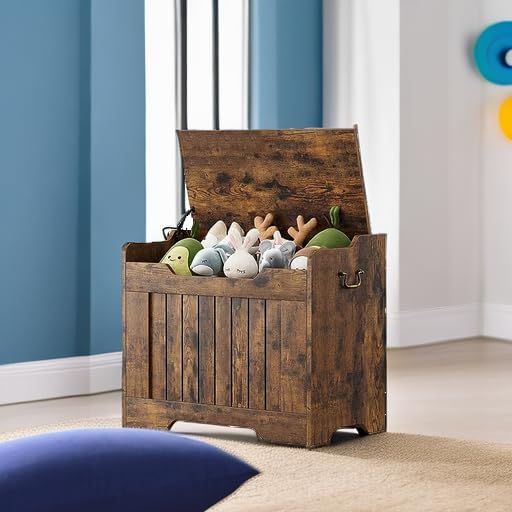 IDEALHOUSE Storage Chest, 24.8" Toy Chest for Boys Girls, Kids Wood Large Toy Box, Storage Bench with Safety Hinge,Storage Trunk for Entryway, Living Room, Bedroom, Playroom, Rustic Brown
