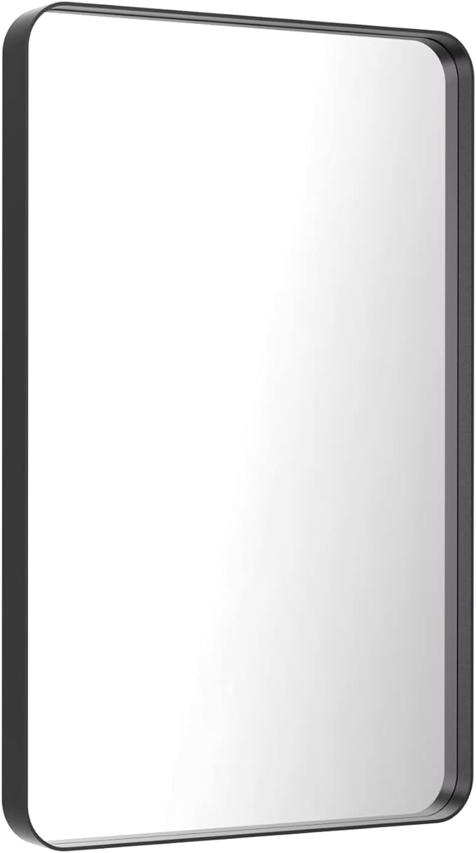 LOAAO Black Metal Framed Bathroom Mirror for Wall, 24X36 Inch Rounded Rectangle Mirror, Matte Black Bathroom Vanity Mirror Farmhouse, Anti-Rust, Hangs Horizontally or Vertically