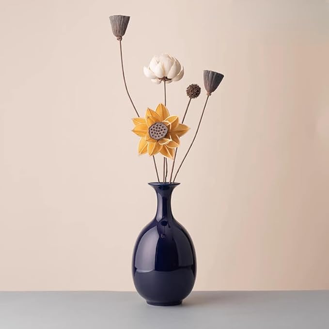 Altar Blue Ceramic Vase with Dried Flowers, Handmade in Jingdezhen for Modern Home Decor Office Bookshelf Tables Living Room Bedroom Shelf Decor Entryway Dry Flower Arrangement Ornament