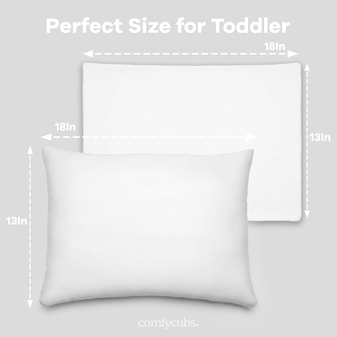 Comfy Cubs Toddler Pillow with Soft Cotton Pillowcase, 13"x18", White (2 Pack) - Kids Pillow for Sleeping & Travel - Comfortable Small Pillow - Kids Travel Pillow with Breathable Microfiber Fill