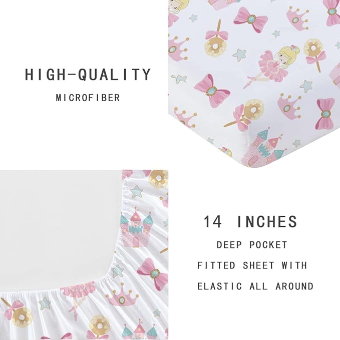 Dancing Princess Fitted Sheet Set Twin for Kids Girls Teens Crown Castle Pattern Bed Sheet 2 Piece 3D Print Pink Dreaming Style Sheet Set