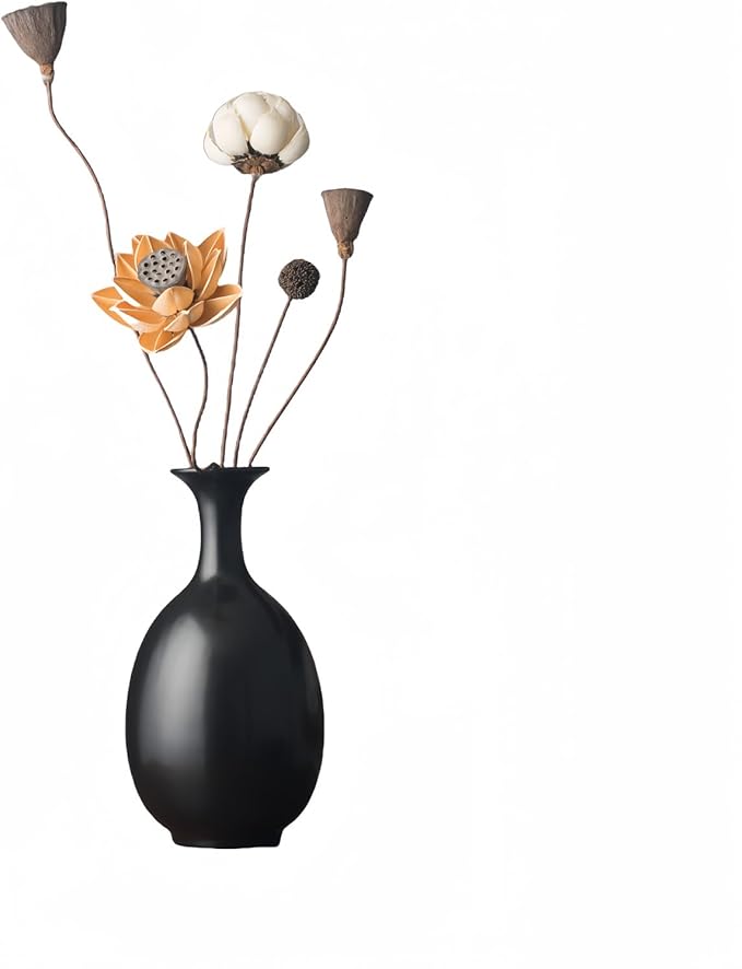 Black Ceramic Vase with Dried Flowers, Handmade in Jingdezhen, for Modern Home Decor Office Bookshelf Tables Living Room Bedroom Shelf Decor Entryway Dry Flower Arrangement Ornament