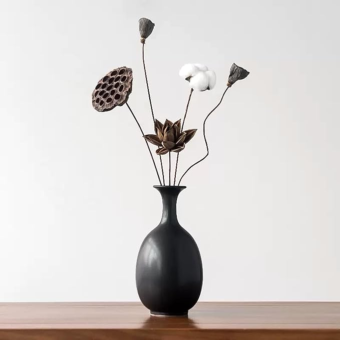 Black Ceramic Vase with Dried Flowers, Handmade in Jingdezhen, for Modern Home Decor Office Bookshelf Tables Living Room Bedroom Shelf Decor Entryway Dry Flower Arrangement Ornament