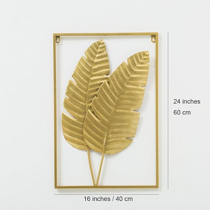 MKUN Set of 2 Iron Wall Sculptures -Gold Metal Leaf Wall Hanging Home Decor with Frame, Modern Luxury Wall Art Decor for Living Room, Bedroom, Office, Hotel, Large 24" X 16" (Gold_B)