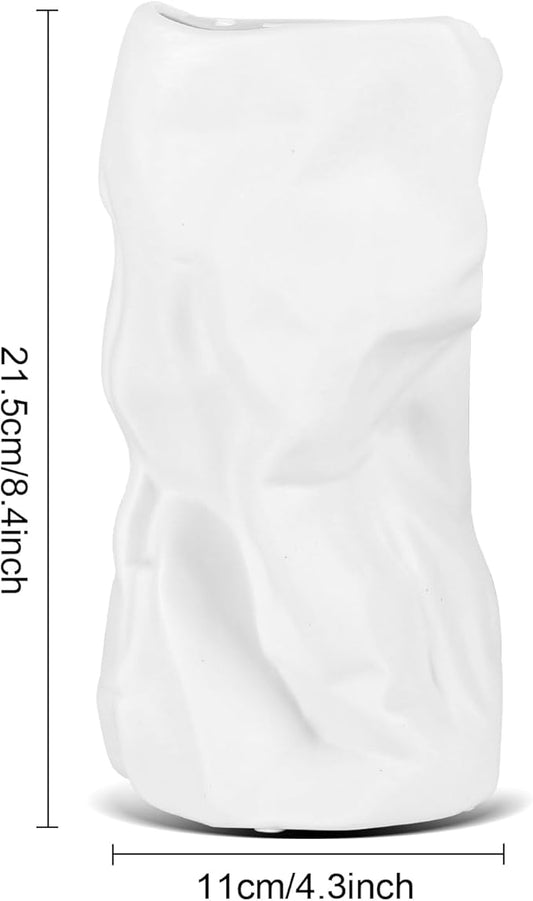 8.4" Paper Bag Vase, White Ceramic Vase, Handmade Irregular Crinkle Flower Vases, Unique Boho Minimalist Art Decorative Vase for Flowers, Modern Home Decor for Room Table Office Wedding Party