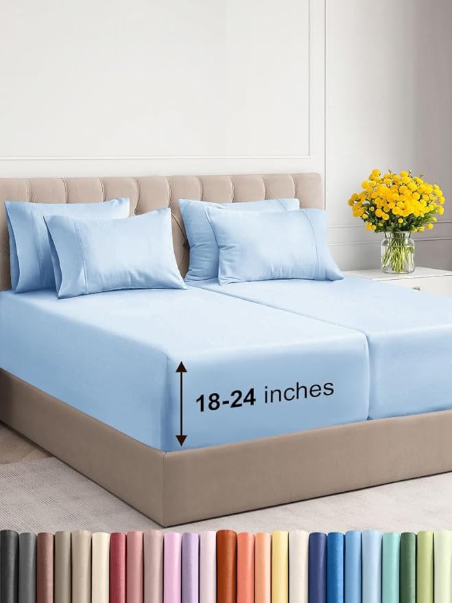 Extra Deep Split King Sheet Set - 7 Piece Breathable & Cooling Sheets - Hotel Luxury Bed Sheets Set - Easy Fit - Soft, Wrinkle Free & Comfy Sheets Set - Light Blue Sheet Set with Extra Deep Pockets