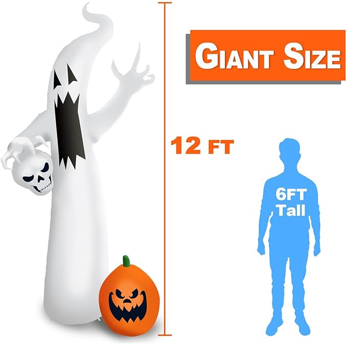 12 Ft Halloween Inflatable Decorations, Ghost Inflatables Outdoors Giant Large Halloween Decor Built-in Led Lights with Tethers, Stakes for Yard, Garden, Lawn Festival Holiday Party