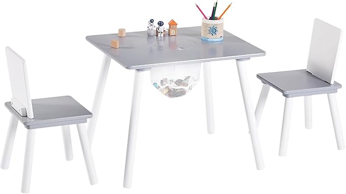 VECELO Activity Table and 2 Chair Set with Hidden Mesh Storage, Durable Playroom Furniture, Modern Design, Easy Assembly, Grey