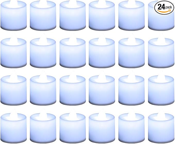 LANKER 24 Pack Flameless Led Tea Lights Candles, Steady Cool White Battery Operated Electronic Fake Candles, Decorations for Christmas, Halloween and Festival Celebration (White)