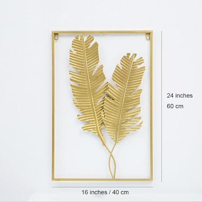 MKUN Set of 2 Iron Wall Sculptures -Gold Metal Leaf Wall Hanging Home Decor with Frame, Modern Luxury Wall Art Decor for Living Room, Bedroom, Office, Hotel, Large 24" X 16" (Gold_B)