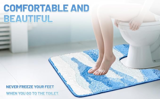 Wave Non-Slip Toilet Contour Rug, Luxurious Tufted Extra Thick U-Shaped Bathroom Rug, Ocean Beach Designed U-Shaped Toilet Floor Mat, Washable and Absorbent Bathroom Carpet (24 x 20 in)