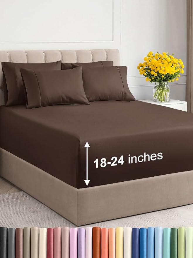 Extra Deep Cal King Sheet Set - 6 Piece Breathable & Cooling Sheets - Hotel Luxury Bed Sheets Set - Easy & Secure Fit - Soft, Wrinkle Free & Comfy Sheets Set - Brown Sheet Set with Extra Deep Pockets