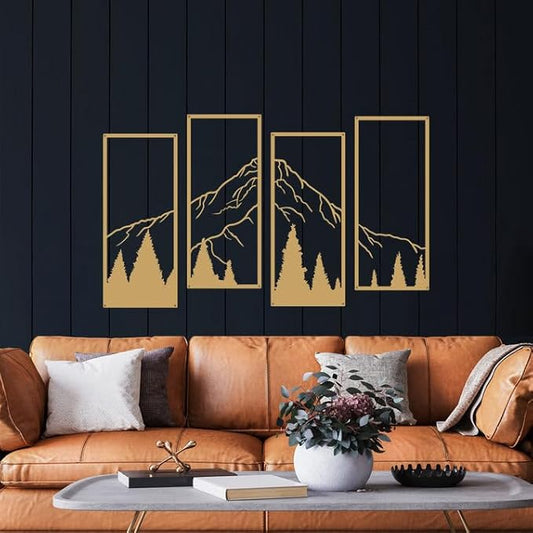 ruelen 4 Pcs Metal Mountain and Forest Wall Decor Line Drawing Wall Art Abstract Minimalist Wall Decor Rustic Nature Home Wall Art Sculpture for Home Office Bedroom Bathroom Living Room (Gold, Small)