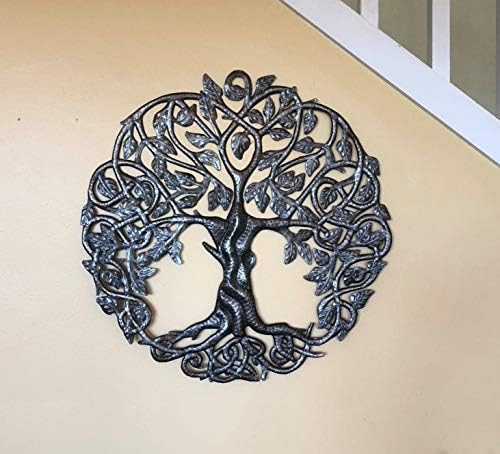 Tree of Life Metal Wall Art, Contemporary Iron Artwork Decor, Celtic Family Trees, 23 In. x 23 In. Round Modern Plaque, Handmade in Haiti,Fair Trade Certified, Signed By Wilson Etienne