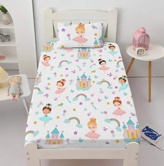 Princess Fitted Sheet Set Twin for Kids Girls Teens Crown Castle Pattern Bed Sheet 2 Piece 3D Print Pink Dreaming Style Sheet Set