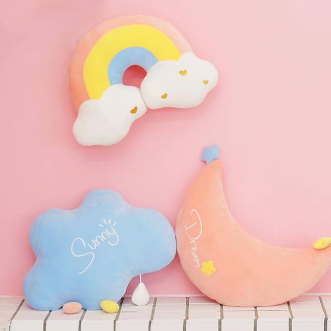 Moon Rainbow Cloud Pillow Cushion, Soft Plush Cloud Shaped Pillow Stuffed Rainbow and Moon Nursery Decor,Bedside Sofa Sleeping Pillow, Kids Cute Candy Color Cushion (Rainbow)