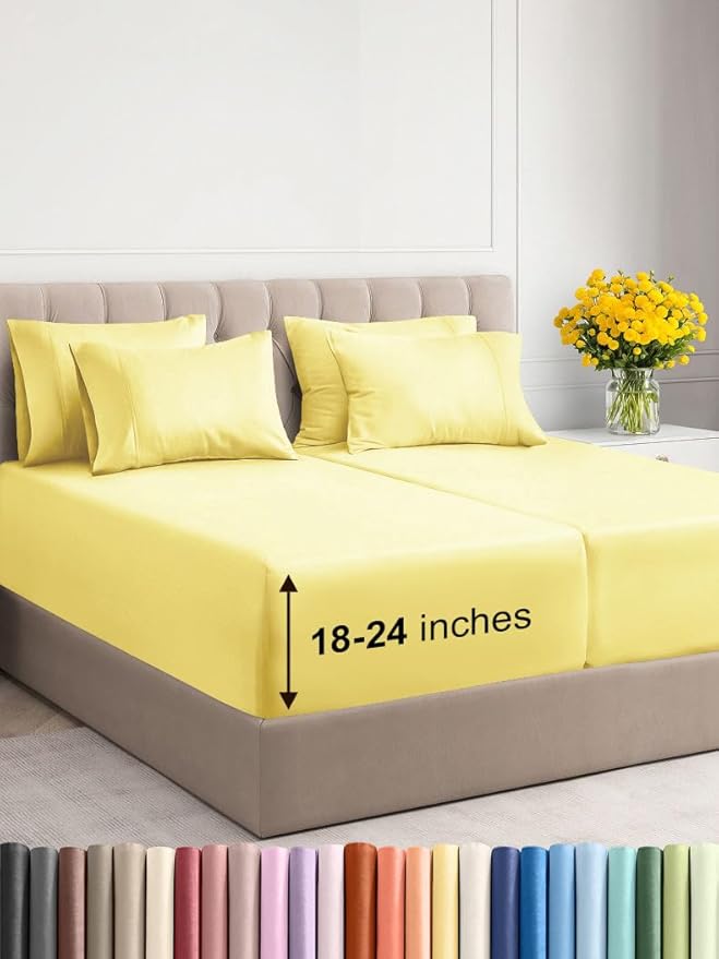 Extra Deep Split King Sheet Set - 7 Piece Breathable and Cooling Sheets - Hotel Luxury Bed Sheets Set - Easy Fit - Soft, Wrinkle Free and Comfy Sheets Set - Yellow Sheet Set with Extra Deep Pockets