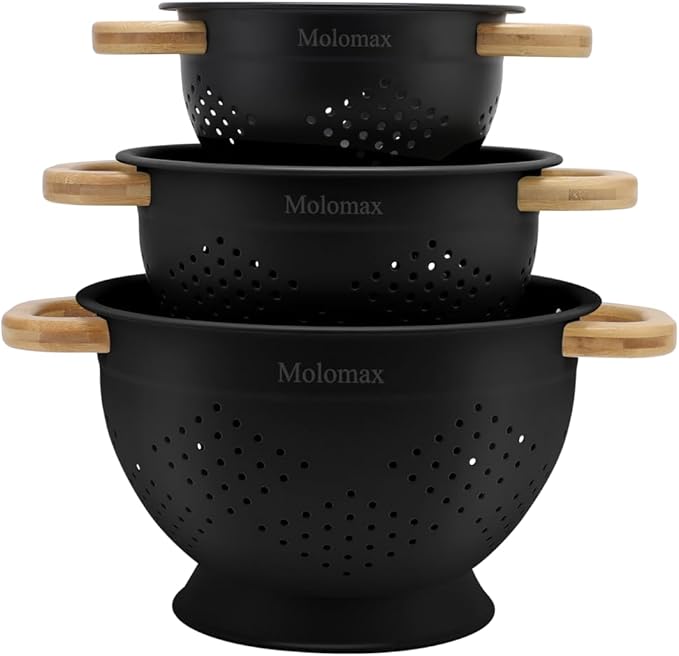 Metal Colander with Wood Handle | Set of 3 with Bamboo Handles | 1.5Q, 3Q, 5Q (Black Sesame Seed)