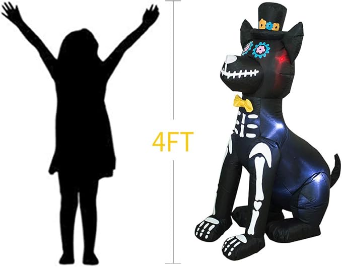 AJY 4 Feet Halloween Inflatable Dog Skeleton Spooky Town Skeleton Yard Art Décor Inflatable LED Lights Halloween Display Blow up Lighted Yard Decor Lawn Home Garden Party Favor Decoration