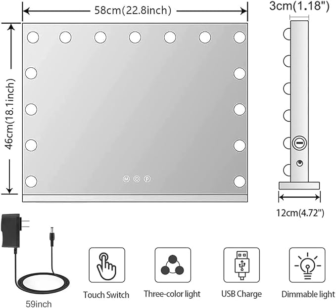 Kottova Vanity Mirror with Lights,27.6 x21.6'' Large Makeup Mirror, 3 Color Modes,Touch Control, USB Charger Port, Hollywood Lighted Mirror with 18 Dimmable LED,Metal Frame,Plug in