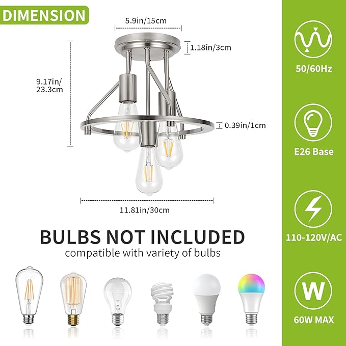 WILON Brushed Nickel Semi Flush Mount Ceiling Light - 3-Light Ceiling Light Fixtures Farmhouse Kitchen Light Industrial Hallway Light Fixtures E26 Socket Ceiling Lamp for Hallway Kitchen Foyer