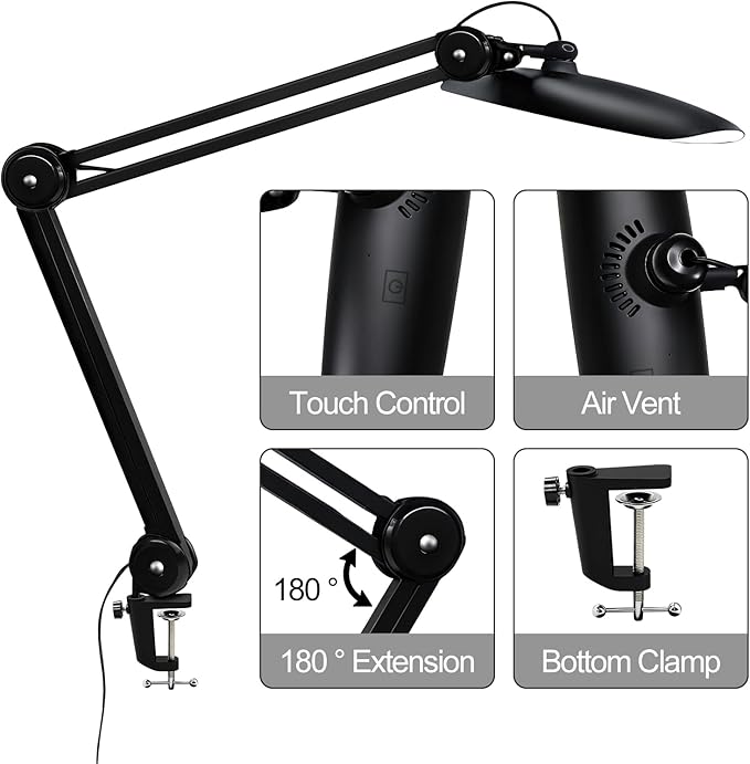 20" LED Desk Lamp with Clamp, 24W CCT Adjustable Dimmable Nail Light for Desk, 120 LEDs Metal Swivel Arm Daylight for for Nail Tech Task Home Office Reading Architect Craft, Black