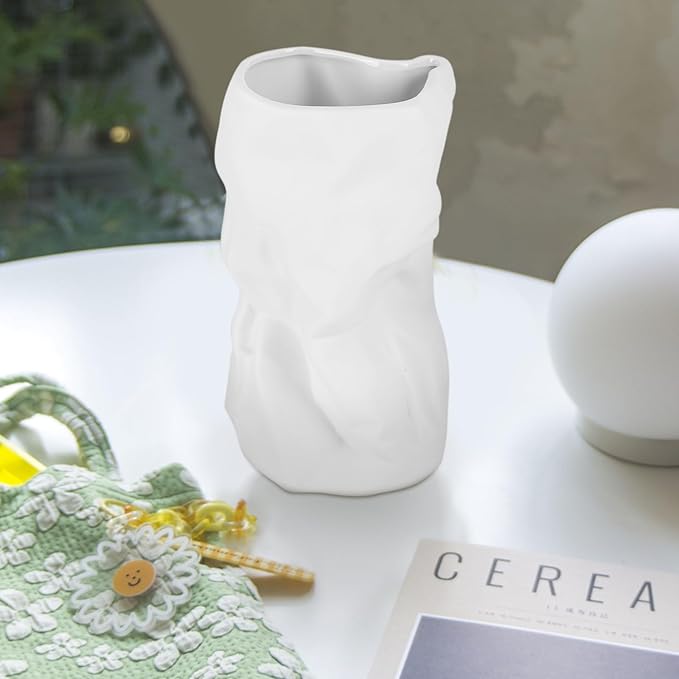 8.4" Paper Bag Vase, White Ceramic Vase, Handmade Irregular Crinkle Flower Vases, Unique Boho Minimalist Art Decorative Vase for Flowers, Modern Home Decor for Room Table Office Wedding Party