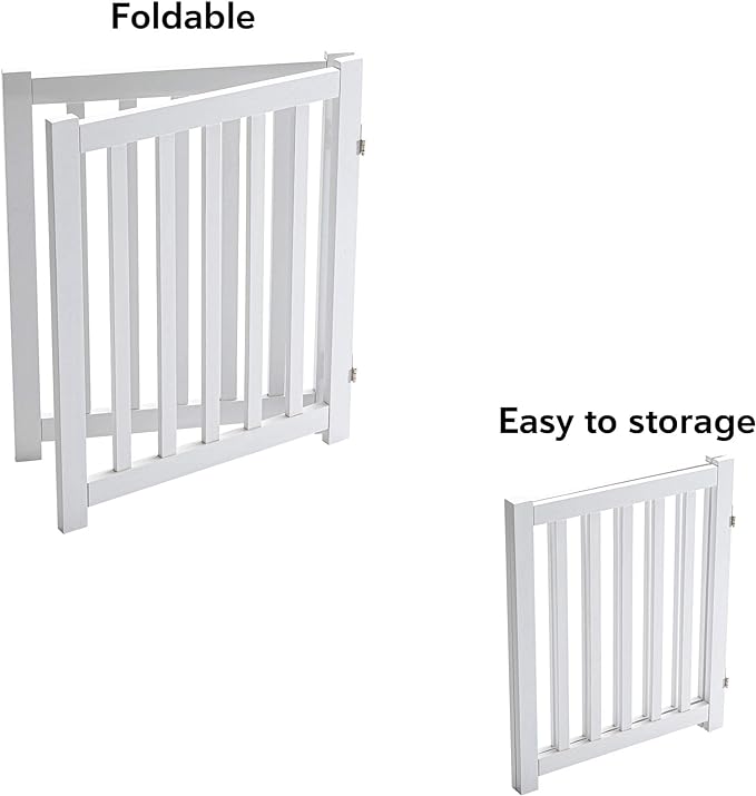 LZRS 2-Panel Wooden Free Standing Foldable Dog Gate – Solid Hardwood 24" High, Step-Over Safety Pet Gate for Doorways, Stairs & Small Spaces - Indoor Use, White