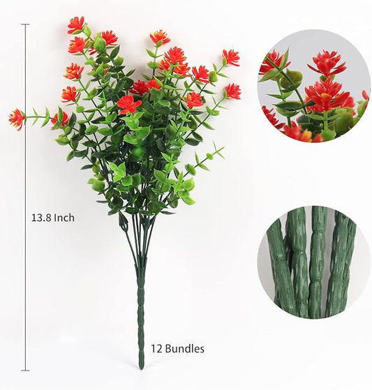 RECUTMS 12 Bundles Artificial Fake Flowers, Faux Outdoor Plastic Plants UV Resistant Shrubs Outside Indoor Decorations,UV Resistant Faux Plastic Plants Garden Porch Window Box (Orange Red)