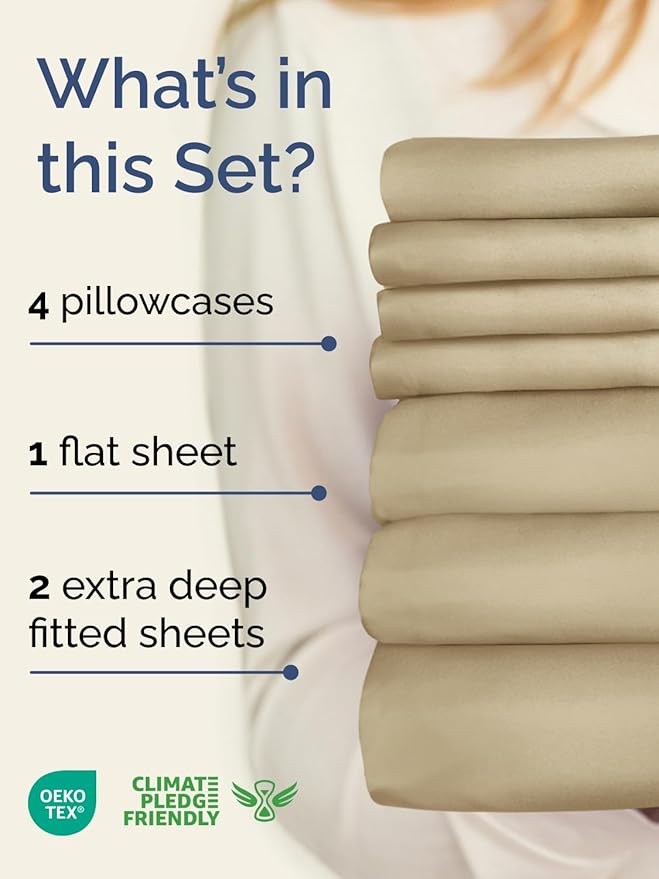 Extra Deep Split King Sheet Set - 7 Piece Breathable & Cooling Sheets - Hotel Luxury Bed Sheets Set - Easy & Secure Fit - Soft, Wrinkle Free & Comfy Sheets Set - Beige Sheet Set w/Extra Deep Pockets