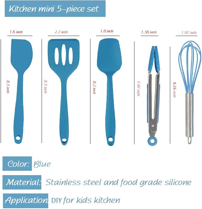 Mini Spatula And Mini Kitchen Utensil Set Small Five-Piece Set Tiny Silicone Kids Kitchen Tools Whisk Spatula Tongs Spoon And Slotted Spatula For Cooking(Kids Baking Supplies) Blue