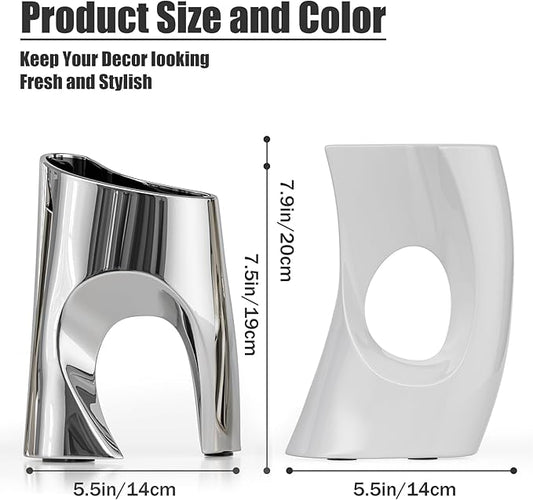 White Silver Ceramic Vases Set of 2, Modern Vase for Nordic Minimalist Book Style Shelf Decor, Hollow Round Pampas Flower Vases for Boho Home Wedding Party Room Dinner Table Shelf Decor