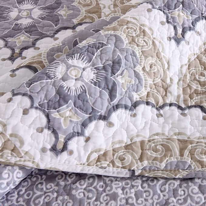 mixinni Mandala Bedspread Quilt Sets 100% Cotton 3-Piece Blue Grey Reversible Lightweight Coverlet Set with Shams for All-Season-(3pcs, Queen Size)