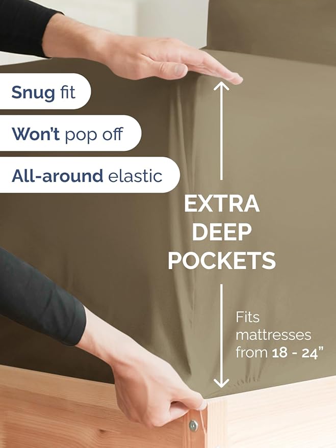 Extra Deep Twin Sheet Set - 4 Piece Breathable and Cooling Sheets - Hotel Luxury Bed Sheets Set - Easy & Secure Fit - Soft, Wrinkle Free and Comfy Sheets Set - Khaki Sheet Set with Extra Deep Pockets