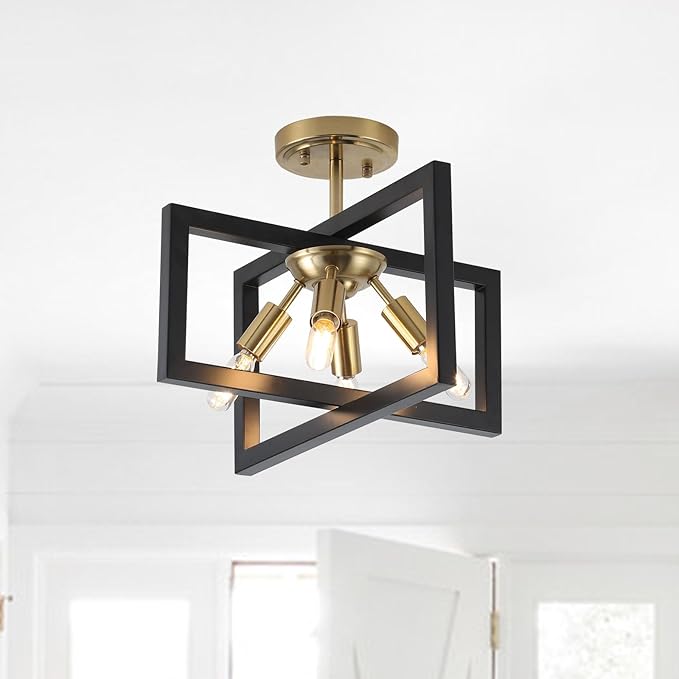 Semi-Flush Mount Ceiling Light - Modern Industrial Light Fixture Black and Gold,4-Light Candelabra Lighting Ceiling Lamp for Kitchen Foyer Entryway Hallway Bedroom Closet