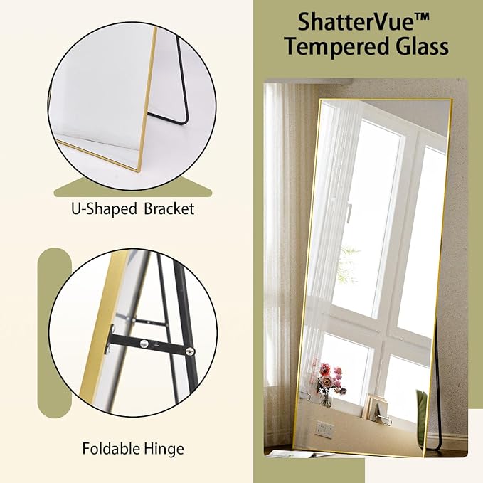 BEAUTYPEAK Full Length Mirror, 71"x26" Standing Hanging or Leaning Against Wall Floor Mirrors Body Dressing Wall-Mounted for Living Room, Bedroom with Aluminum Alloy Thin Frame, Gold