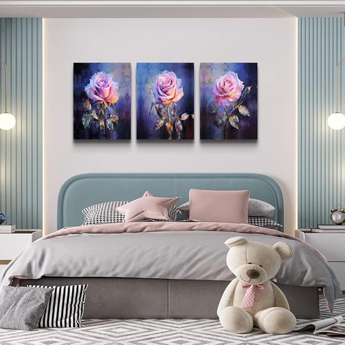 DZRWUBHS Canvas Wall Decor for Bedroom Living Room Wall Pictures Rose Flowers Wall Art Painting Modern Office Floral Home Decorations Vintage Posters Minimalist Farmhouse Ready To Hang 3 Piece