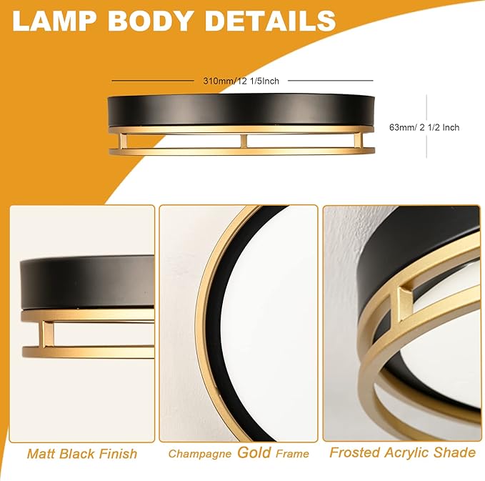 12.5 Inch LED Flush Mount Ceiling Light Fixture, 26W, Super Bright 1700 Lumens, 3 Color 3000K/4000K/5000K, Dimmable Ceiling Lamp for Bedroom Hallway Bathroom Kitchen Laundry (Black Gold)