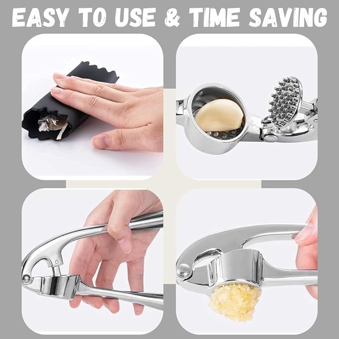 Premium Garlic Press - Easy to Squeeze and Clean, Rust Proof & Dishwasher Safe Garlic Mincer - Garlic Press Stainless Steel, Garlic Crusher, Garlic Masher - Silicone Garlic Peeler & Brush - Sliver