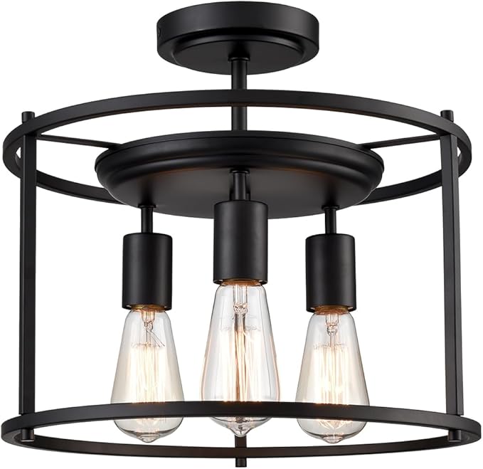 Farmhouse Semi Flush Mount Ceiling Light Industrial Kitchen Ceiling Light Matte Black for Bedroom, Living Room, Hallway, Entryway, Proch