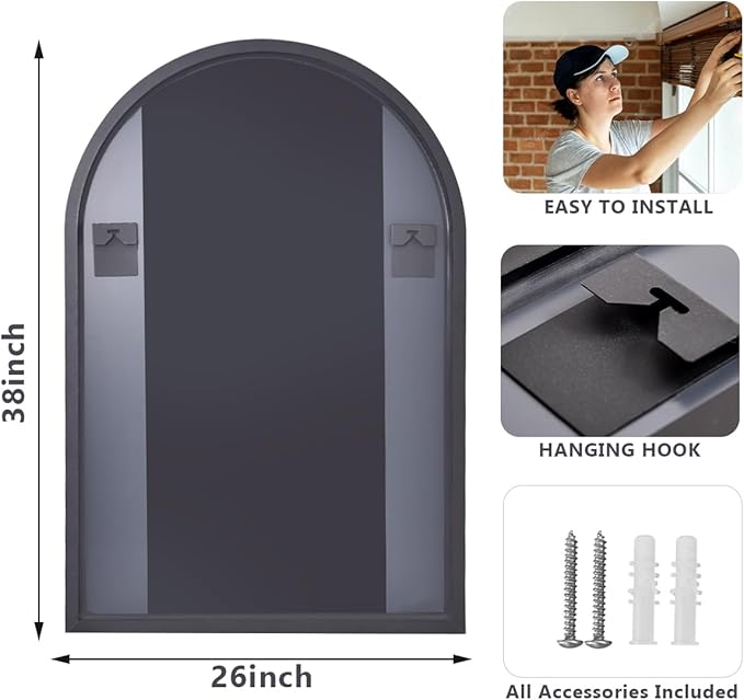 HARRITPURE 26" x 38" Arch Mirror Bathroom Wall Mounted Mirrors Black Vanity Mirror with Metal Frame for Bedroom Living Room Entryway