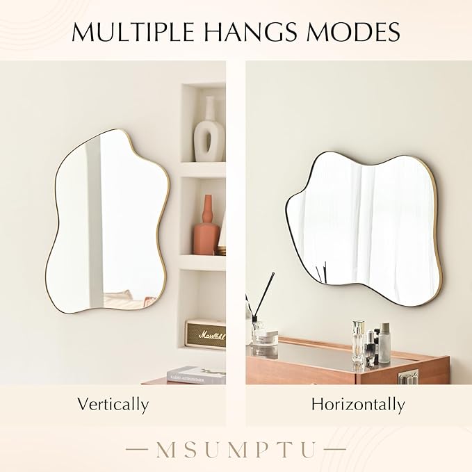 Irregular Wall Mirror Gold Wave Shaped Matel Framed Wall Mirror for Bathroom Bedroom Entryway Living Room Wall Decor 28" L x 20" W 2304Gold