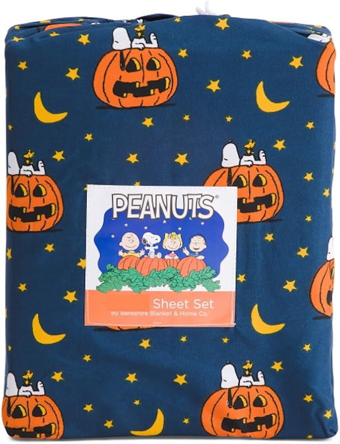BERKSHIRE Halloween Fall Themed Sheet Sets (Navy - Moons & Pumpkins, Twin)