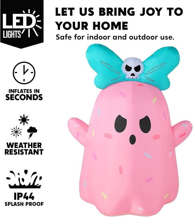 Joiedomi 5ft Tall Halloween Inflatable Ghost Outdoor Decorations, Cute Pink Ghost Blow Up Yard Decorations with Bowknot and LED Light for Halloween Decor, Garden Lawn Indoor Outdoor Party Decor