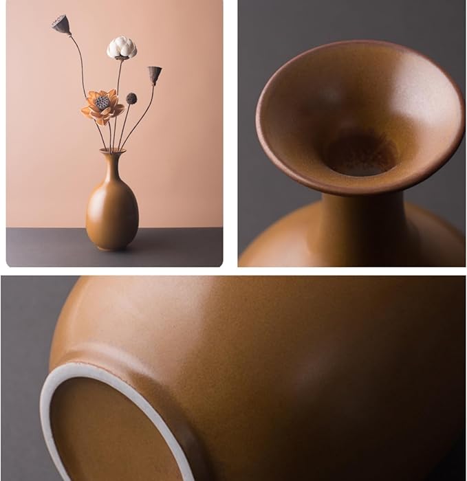 Matte Earth Ceramic Vase with Dried Flowers, Handmade in Jingdezhen, for Modern Home Decor Office Bookshelf Tables Living Room Bedroom Shelf Decor Entryway Dry Flower Arrangement Ornament
