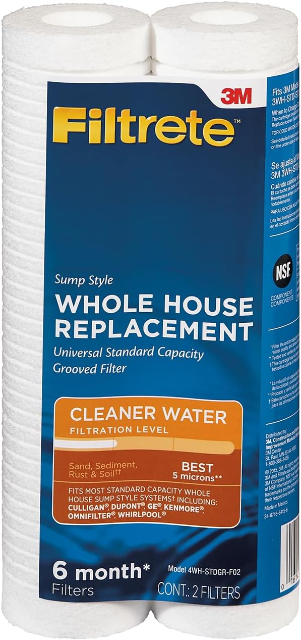 Filtrete Standard Capacity Whole House Grooved Water Filter, 5 Microns, Universal Filter, Sump Style Drop-In Filter, 2-Filters (4WH-STDGR-F02)