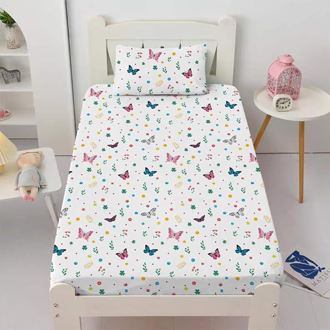 Kids Butterfly Fitted Sheet Set Full for Girls Teens Colorful Flowers Pattern Bed Sheet 2 Piece 3D Print Dreaming Style Sheet Set