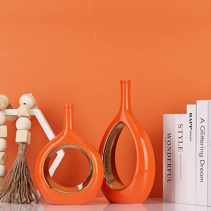 XMGZQ Ceramic Orange and Gold Vase Set of 2, Modern Vases for Home Decor, Centerpieces, Housewarming Gift, Living Room Dining Table, Flowers